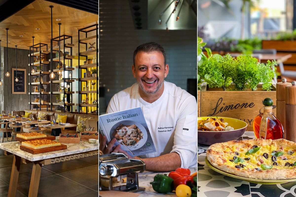 Meet Andrea Fioravanti, Executive Chef at Grand Hyatt Abu Dhabi Hotel and Residences Emirates Pearl First part of the collage shows the interior design of Verso at Grand Hyatt Abu Dhabi Hotel and Residences Emirates Pearl, second picture depicts Andrea Fioravanti Executive Chef of Verso Grand Hyatt Abu Dhabi Hotel and Residences Emirates Pearl holding a rustic Italian cooking book and last picture shows a pizza with chili olive oil, lemon